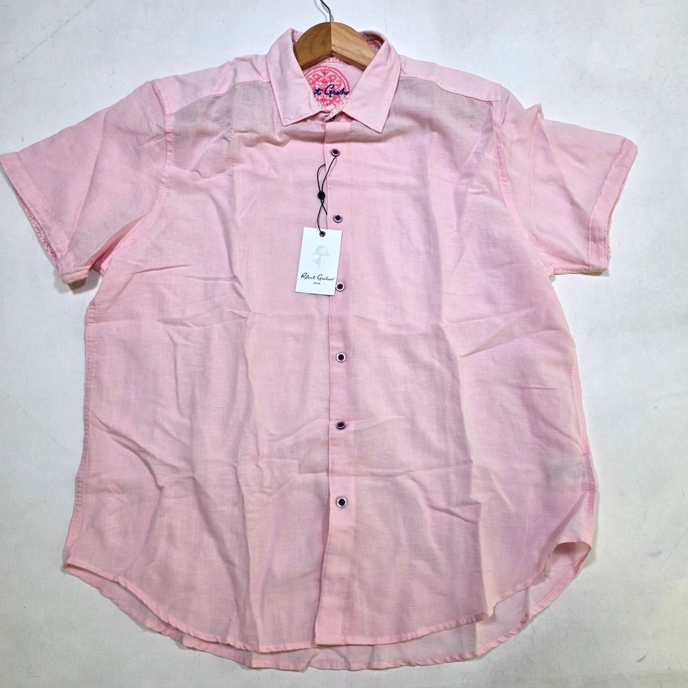 Robert Graham Borsi Shirt Mens XL Pink Linen Blend Short Sleeve Button Down New